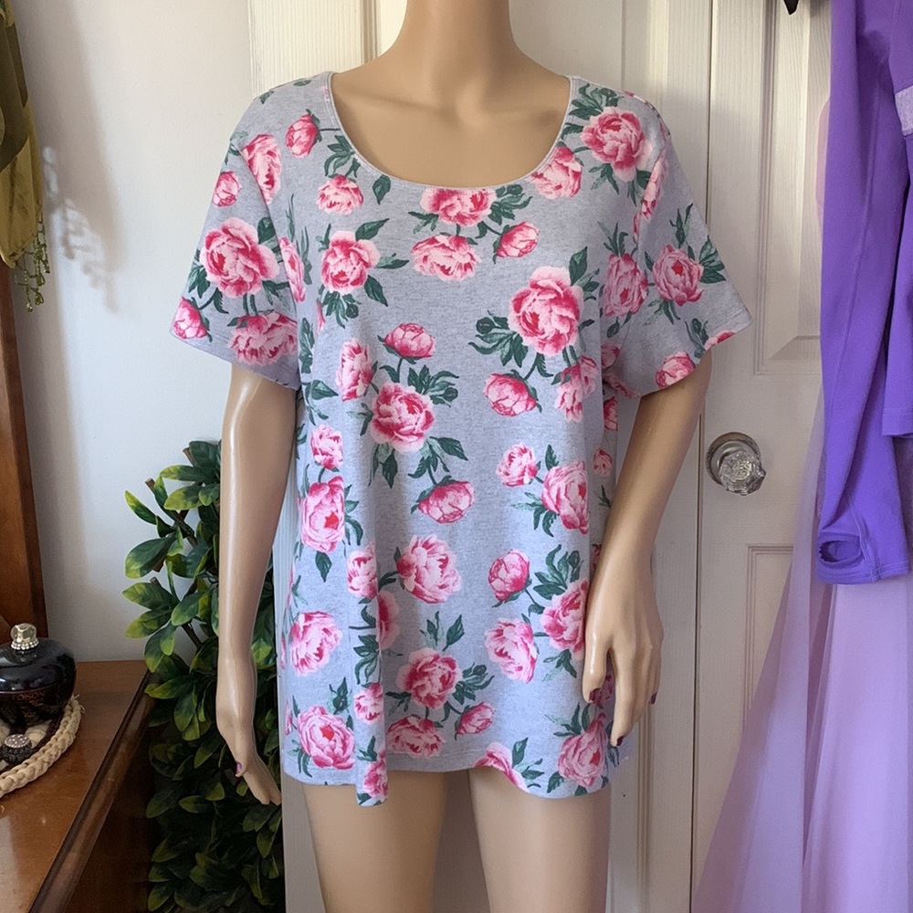 Pink roses on grey short sleeved scoop neck Soft CASUAL t-shirt tunic top XL